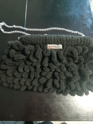 Handmade black knitted shoulder bag new with Puffy Alize yarn