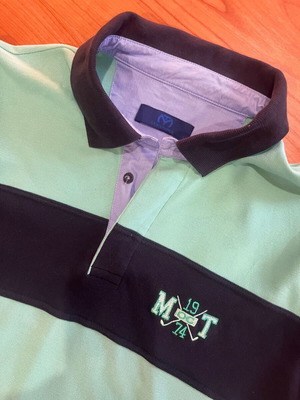 Polo Makis Tselios Fashion shirt L like new, mint and navy blue