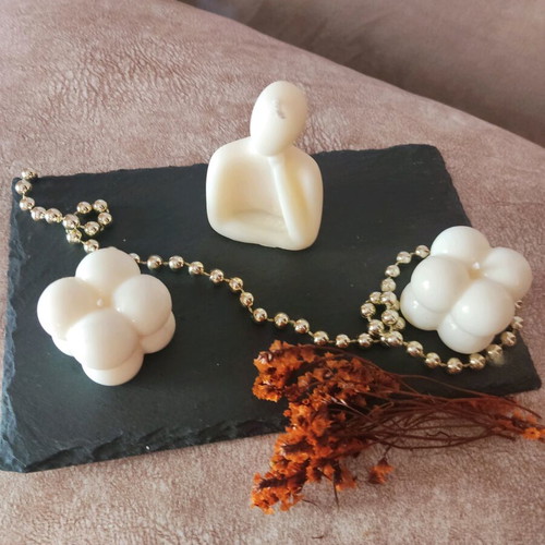 Decorative set with handmade soy candles and natural black stone platter