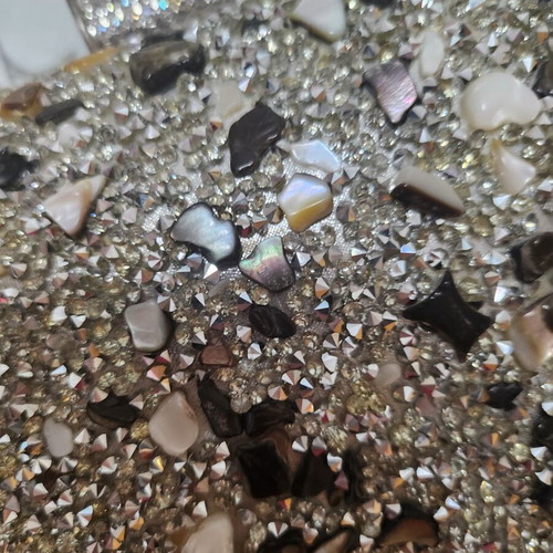 Evening bag with rhinestones and stones, new, shoulder type, gray multicolor