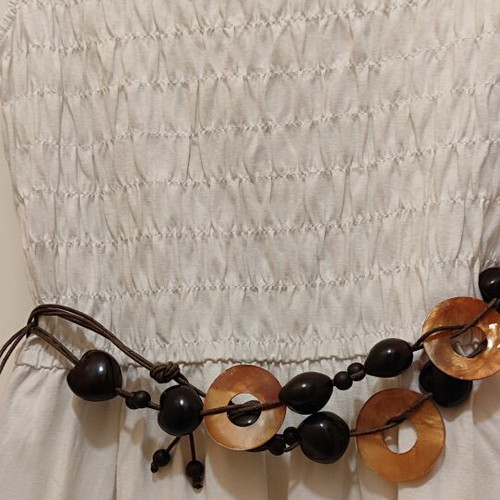Boho dress with smocked bodice and wooden belt set, like new, white/cream