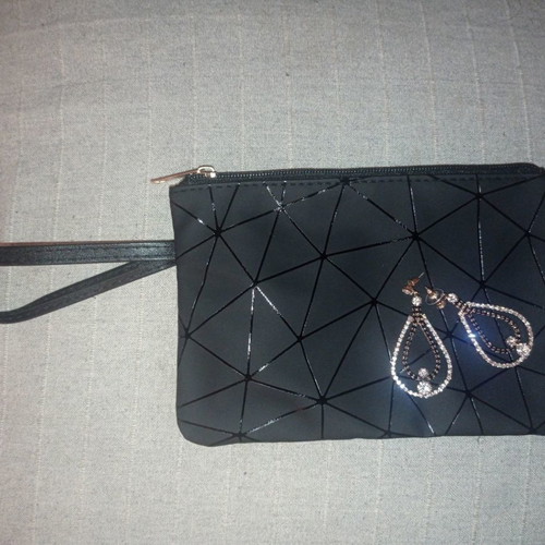 Handbag and earrings new, black matte with geometric patterns
