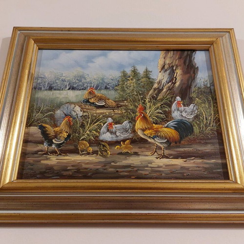 Vintage πίνακας ζωγραφικής υπογεγραμμένος, σαν καινούργιος, σκηνή με κόκορα και κότες