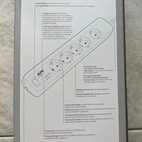 APC Schneider Electric power strip with switch, 5 outlets, surge protection