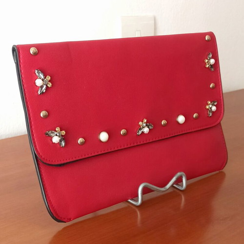 Stradivarius red clutch bag like new with pearls and decorative details