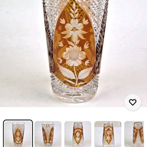 Bohemian Crystal Vase hand-cut with carved flowers, like new