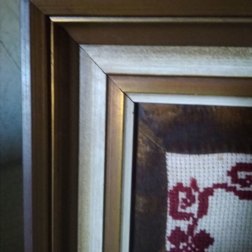 Antique embroidery used with girl and umbrella on canvas