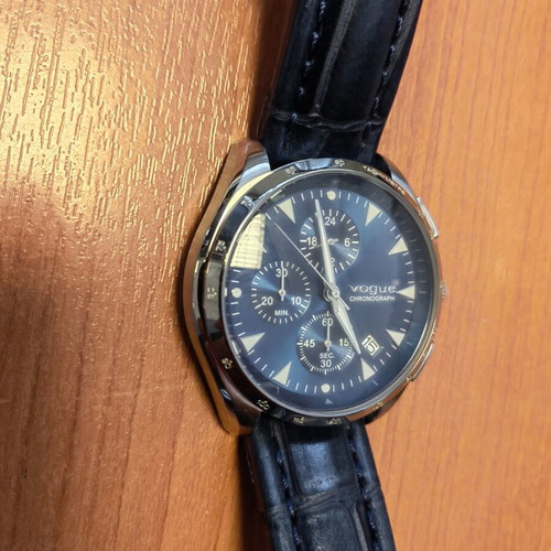 Vogue men's watch new, blue leather strap, 45mm dial, waterproof