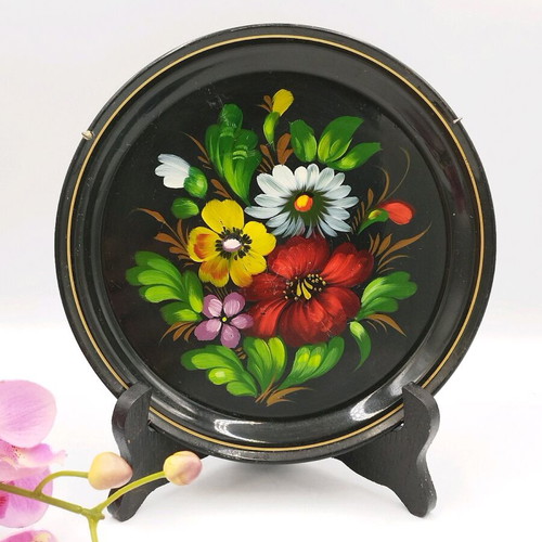 Vintage Russian metal tray from USSR, hand-painted, used