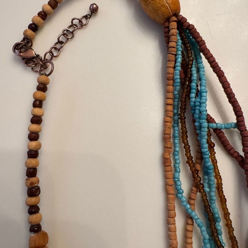 Women's long necklace from beads and wood like new, turquoise and brown