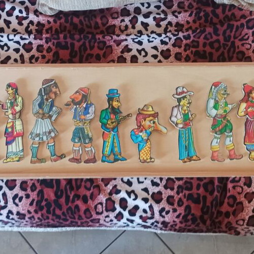 Karagiozis Shadow Puppet Figures Set like new on Wooden Frame