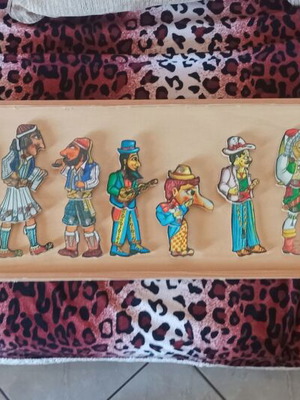 Karagiozis Shadow Puppet Figures Set like new on Wooden Frame