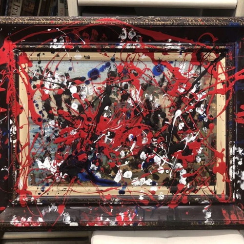 Original painting abstract mixed media with carved gilt frame