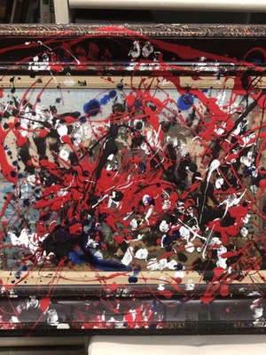 Original painting abstract mixed media with carved gilt frame