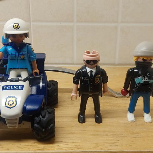 Playmobil set of 3 including water cannon, police with bike, graffiti officer