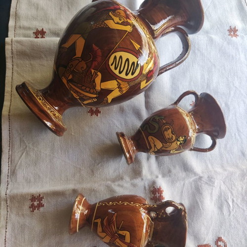 Handmade painted amphorae used, set of 3 pieces