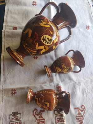 Handmade painted amphorae used, set of 3 pieces
