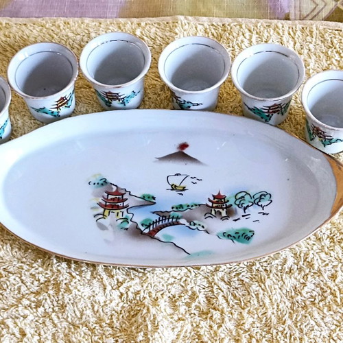 Sake set handmade used, Japanese porcelain with gold details