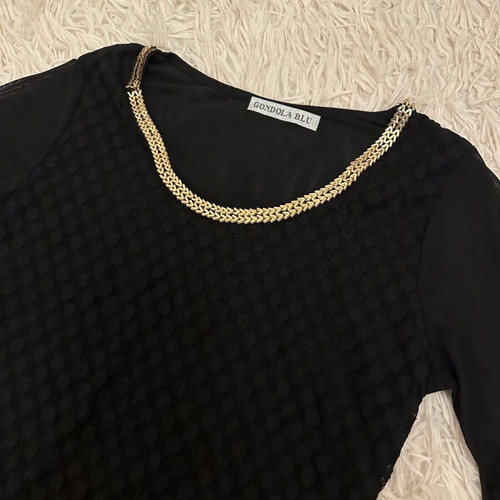 Black blouse used with gold metallic design and mesh sleeves