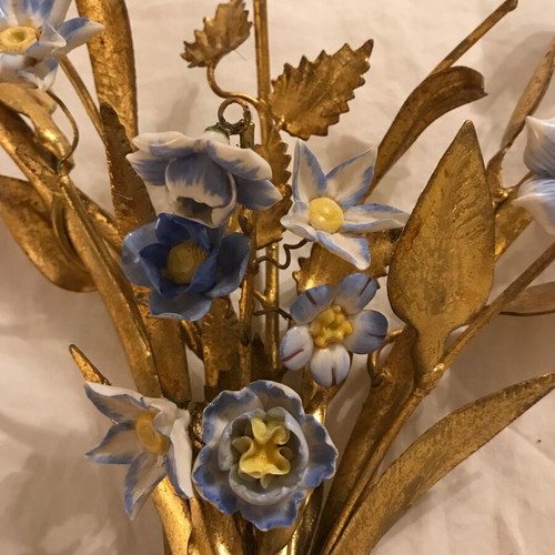 Antique wall lights used, set of 2 with porcelain flowers