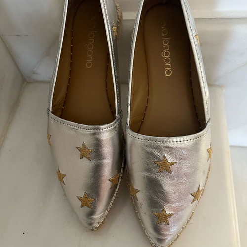 Eva Longoria leather espadrilles size 37 silver with gold embroidery, like new