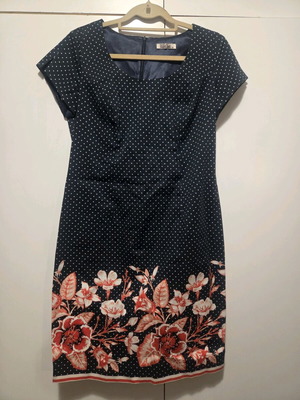 Bill Cost midi dress blue with white polka dots and floral design like new, size M