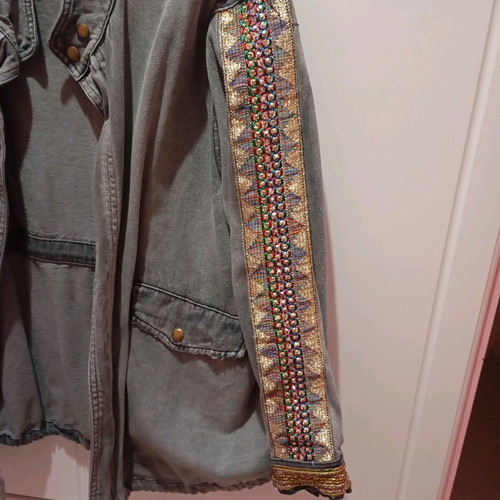 Embroidered denim jacket like new, gray and gold