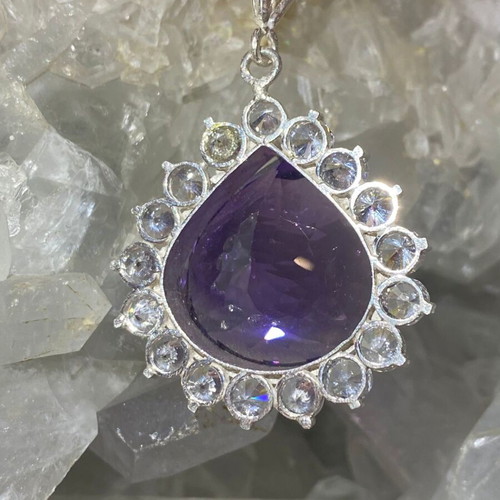 Silver pendant with large cut natural amethyst stone and moissanites, new
