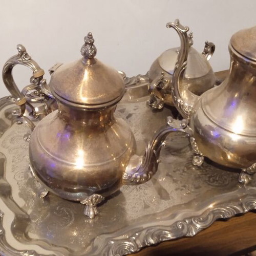 Silver-plated tea set 5 pieces with large tray F.B Rogers Lady Margaret like new