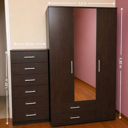 Bedroom furniture set with 3-door wardrobe and 7-drawer chest wenge like new