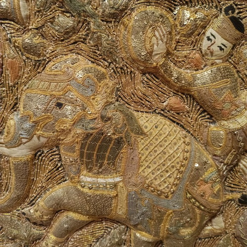 Handmade traditional embroidered textile painting Burma technique