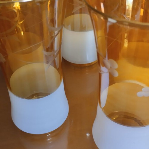 Vintage glass set of 5 with amber glass and white satin base like new