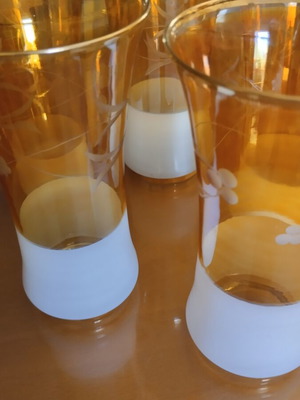 Vintage glass set of 5 with amber glass and white satin base like new