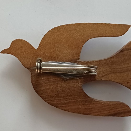 Vintage handmade dove brooch, olive wood
