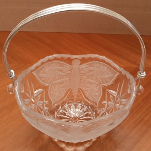 Vintage crystal bowl basket with embossed butterflies and metal handle