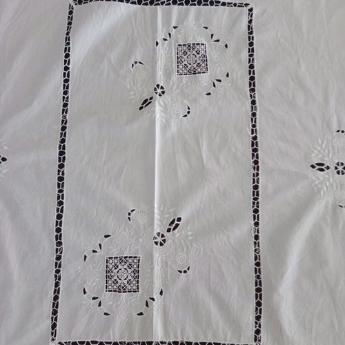 Tablecloth authentic handmade white with rich cutwork embroidery