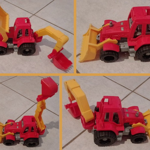 Beach toy set: plastic wheelbarrow, shovel, rake, small excavator
