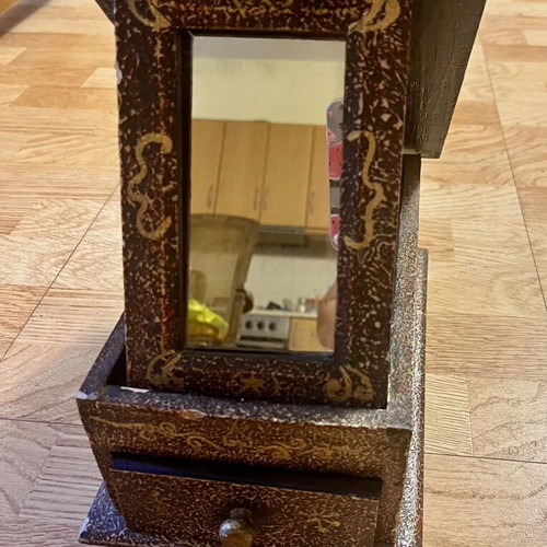 Wooden jewelry box like new with drawer and folding lid