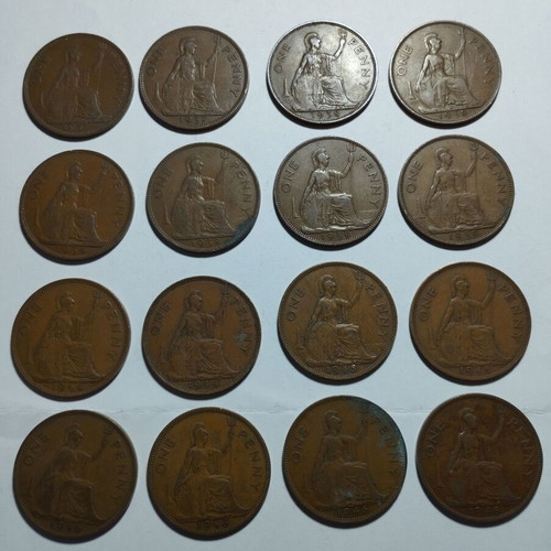 One Penny Coins Great Britain lot of 16 like new 1937-1948