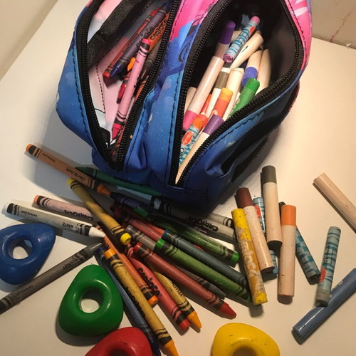 Crayon set with case used, assorted shapes and colors