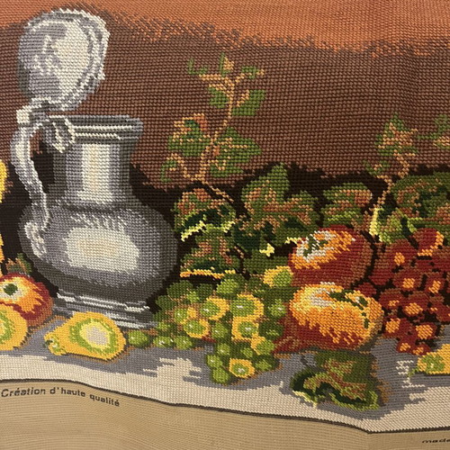 Gobelin textile painting like new, 73 x 40 cm, fruit and lamp design