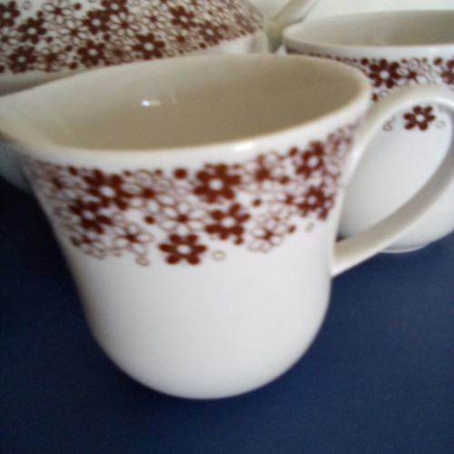 Tea set used with teapot, sugar bowl, creamer and two cups Ionian porcelain