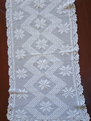 Rectangular doily used, handmade crochet white