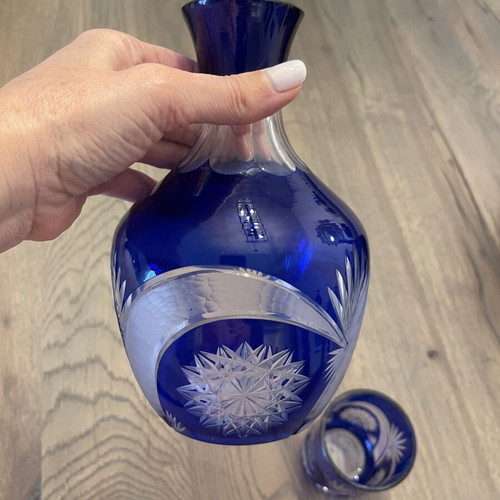 Antique carafe with glass like new, special blue color