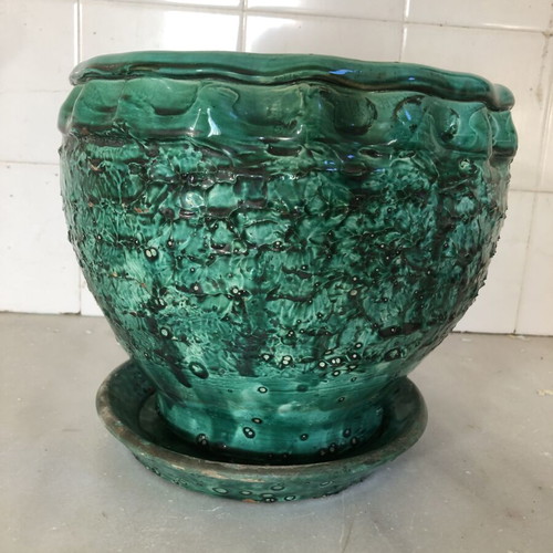 Green ceramic flowerpot Attica like new, glazed with embossed texture Ø23