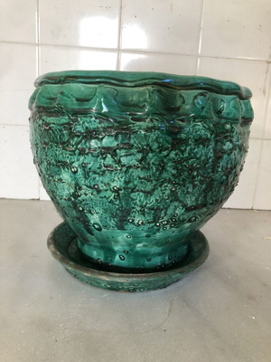 Green ceramic flowerpot Attica like new, glazed with embossed texture Ø23
