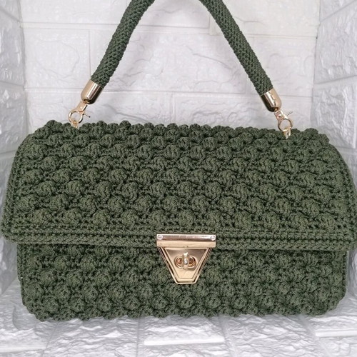 Handmade knitted handbag new, olive green with gold clasp