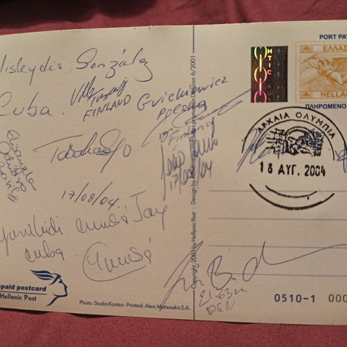 Postcard with original signatures of Olympians “Athens 2004"