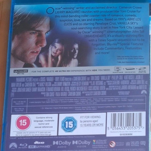 Vanilla Sky Blu-ray movie, thriller sci-fi with subtitles