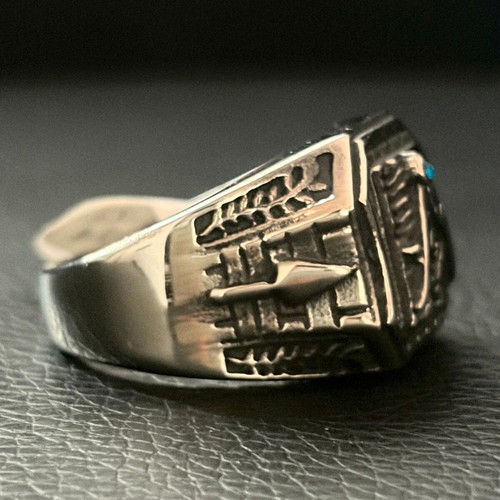 Masonic Square & Compasses Ring new, blue stone, 316L steel, US 15